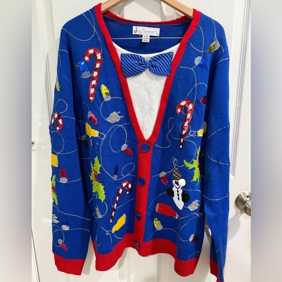 Jolly Sweaters Other - Festive Blue Christmas Cardigan w Red Trim Holiday Christmas Beer Holly Lights